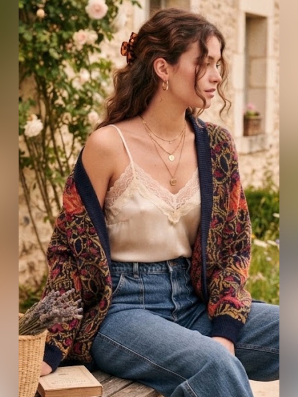 Vintage Natural  Made In England Ornate Tapestry Boho Open Front Cardigan Size L